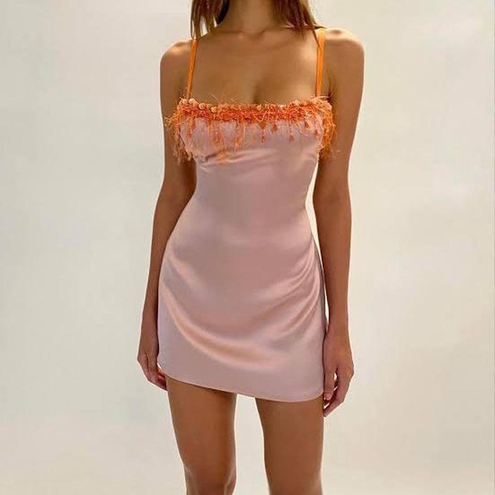 Guizio Medium Mini Dress Womens Mauve Pink Good Fringe Sequin Bead Satin